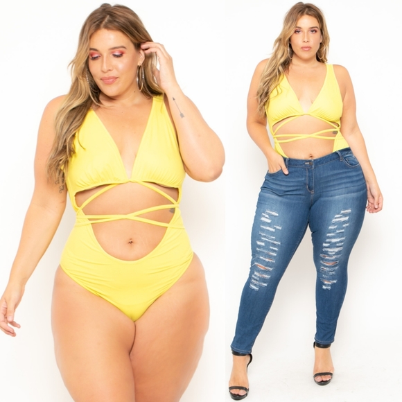 curvysense Tops - NWOT plus size yellow bodycon Bodysuit.